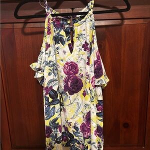 Floral Cold-Shoulder Blouse with Purple Rose Print